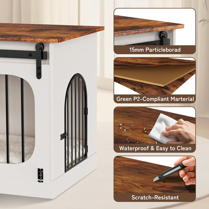 XL Dog Kennel Furniture,39.4 Inch Farmhouse Crate Furniture with Cushion Decorative White Dog Kennel Indoor Thick Wooden Pet House End Table Modern Cage Furniture for Small/Medium/Large Dog
