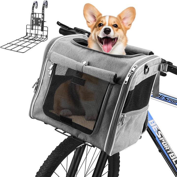 Dog Basket for Bike, Suitable for Small & Medium Pet up to 7 Kg, Foldable 4-In-1 Pet Bike Basket, Crossbody, Shoulder and Car Seat, with Sturdy Bracket and 4 Mesh Windows, Gray
