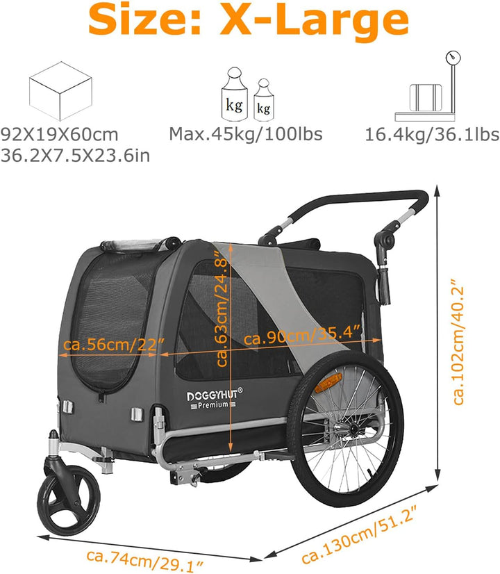 ® Premium Large/Xl Pet Bike Trailer & Stroller for Large Sized Dog or Multiple Small Dogs,Low Center of Gravity,Parking Brakes,Easy Folding Frame,Bicycle Carrier