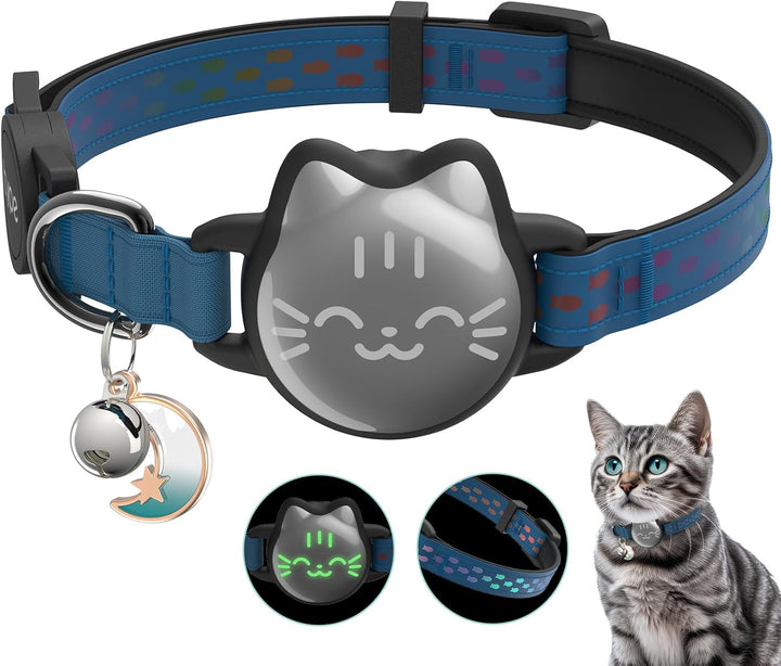Waterproof Airtag Cat Collar, Breakaway Cat Airtag Collar with Luminous & Reflective Fish Pattern, Lightweight Kitten Collars for Apple Air Tag, Hidden GPS Tracker Holder for Cats, Kittens(9-13")