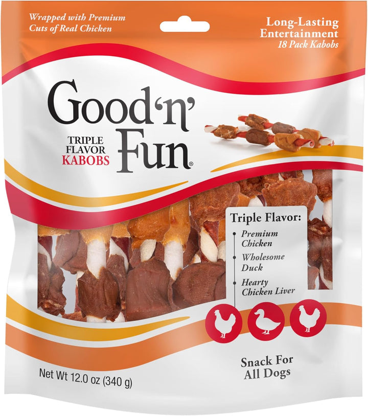 Good ‘N’ Fun Triple Flavor Kabobs Chews for All Dogs, 48 Ounces, Treat Your Dog to Chews Made from Beef Hide, Real Chicken, Pork Hide, Duck and Chicken Liver