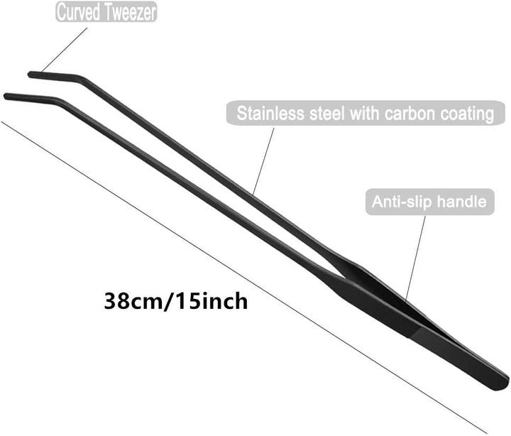 15 Inch Black Curved Aquarium Tweezers Stainless Steel Curved Tweezer with Carbonation Protection Coating against Rust Long Reptiles Feeding Tongs for Aquatic Plants Lizards Spider Snakes