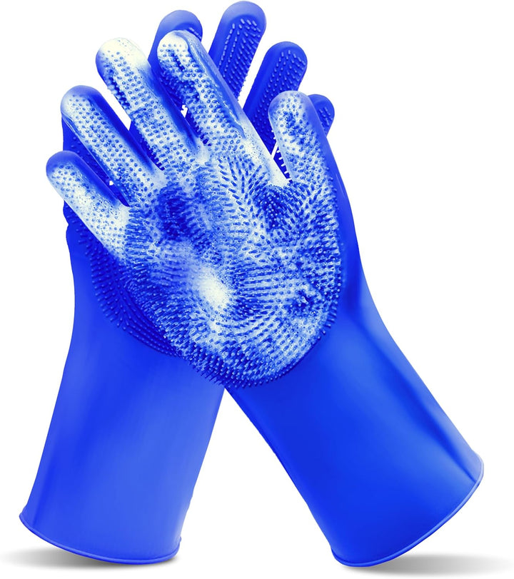Pet Grooming Gloves—Heat Resistant Dog Washing Gloves with High-Density Teeth, Dog Bath Scrubber with Enhanced Five Finger Design, Silicone Gloves for Dogs and Cats Bathing, Massage (Blue)
