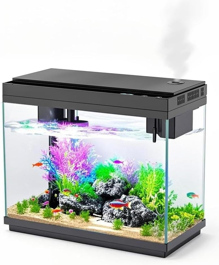 Smart Aquarium Fish Tank with Silent Water Pump, 2.4 Gallon Small Aquarium with Quick Start Kit, Temperature Display, Humidifier and RGB Lights, Perfect for Home, Office, and Decor