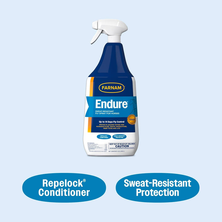 Endure Sweat-Resistant Fly Spray for Horses, Lasts up to 14 Days, Protects against Flies, Gnats, Mosquitoes, Ticks & Lice, 32 Oz.