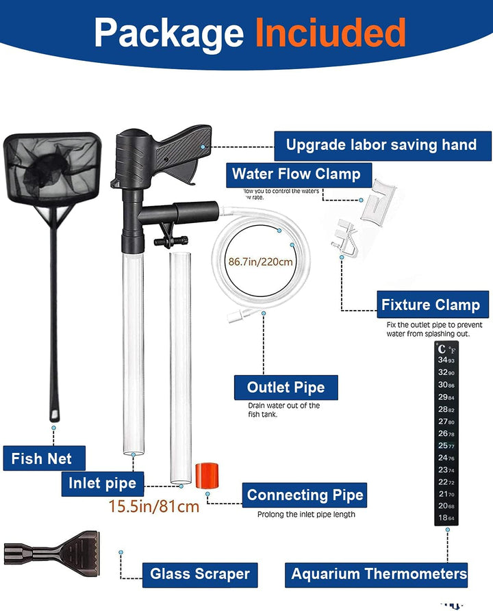 Aquarium Gravel Cleaner [2025 Edition] Vacuum Fish Tank Vacuum Cleaner Tools for Aquarium Water Changer with Aquarium Thermometers Fish Net Kit Use for Fish Tank Cleaning Gravel and Sand