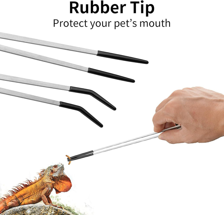 2PCS Stainless Steel Reptile Feeding Tongs with Rubber Tip, 10.6” Straight & Curved Long Tweezers for Aquarium or Craft, Bearded Dragon Tank Snakes Enclosure Accessories, Terrarium Supplies
