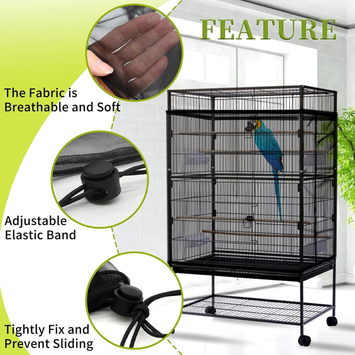 Bird Cage Seed Catcher, Large Bird Cage Cover, Adjustable Soft Airy Nylon Mesh Net, Birdcage Cover Skirt Seed Guard for Parrot Parakeet Macaw African round Square Cages (Black)