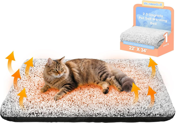 Self Warming Cat Bed, Heated Cat Bed, 2.0 Upgraded Dual-Layer Thermal Foil Heating Pad, Plush Self-Heating Pet Mat for Crate, Floor, with Removable Washable Cover, Non-Slip, 15"X19"