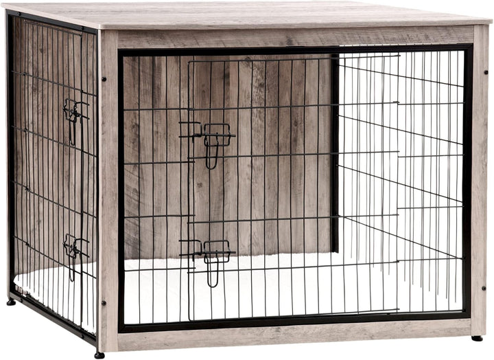 Dog Crate Furniture with Cushion, Wooden Kennel Table with Double Doors, Indoor Dog House, Small/Medium/Large/Extra Large Size, 27.2" L, Rustic Brown