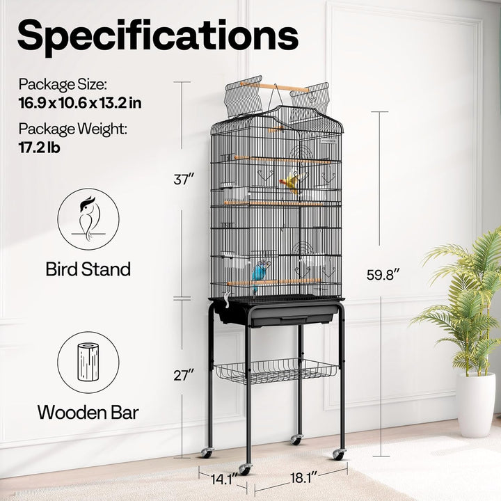 64 Inch Bird Cage with Play Top and Rolling Stand for Parrots Conures Lovebird Cockatiel Parakeets Black