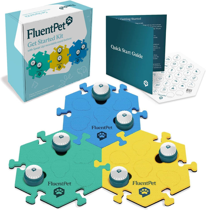 Speak Up! Get Started Kit with Clearer Upward-Facing Sound | 6 Recordable Buttons W/Pre-Installed Batteries & 3 Hextile Button Mats | Training Dog & Cat Communication Buttons