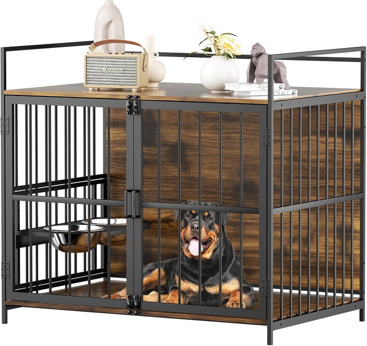 Furniture Style Large Dog Crate with 360° & Adjustable Raised Feeder for Dogs 2 Stainless Steel Bowls -End Table House Pad, Indoor Use,41" L X 24" W 36" H, Classic Brown