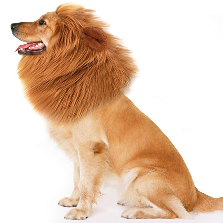 Lion Mane for Dog Costume, Realistic Funny Lion Wig for Medium to Large Sized Dogs, Halloween Fancy Mane (Brown Ear Tail)