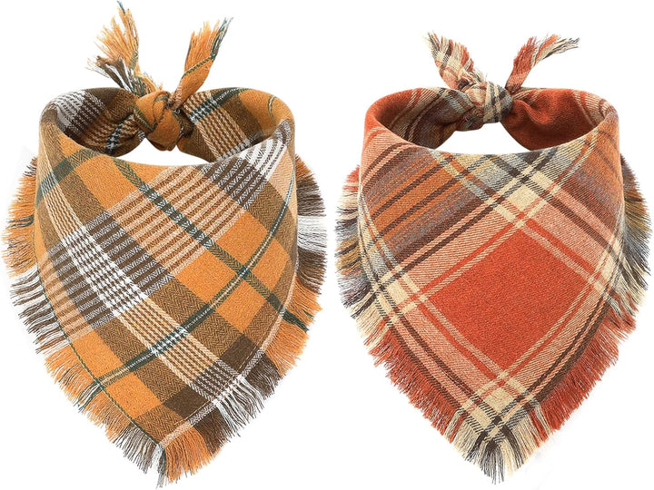 Halloween Dog Bandana, 2 Pack Fall Thanksgiving Classic Plaid Dog Scarf with Tassels Edges, Funny Pet Apparel & Accessories Costume for Photo Prop, and Party Decor (Large, Yellow&Orange)