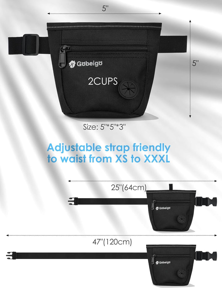 Dog Treat Pouch and Training Clicker, Upgrade Two Magnetic Closure to Prevent Spills, 2 Cup Treat Bag with Poop Bag Dispenser, Metal Clip Waist Belt Fanny Pack for Pet Walk (Black)