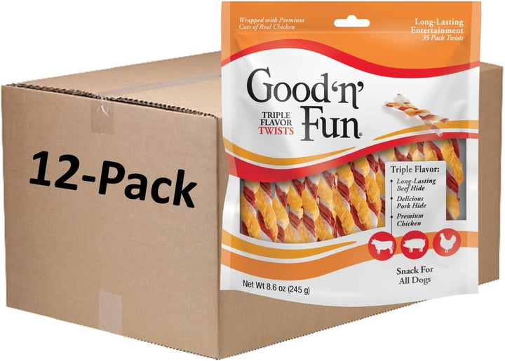 Good ‘N’ Fun Triple Flavor Twists for All Dogs, 70 Count, Treat Your Dog to Long-Lasting Chews Made with Beef Hide, Pork Hide and Chicken