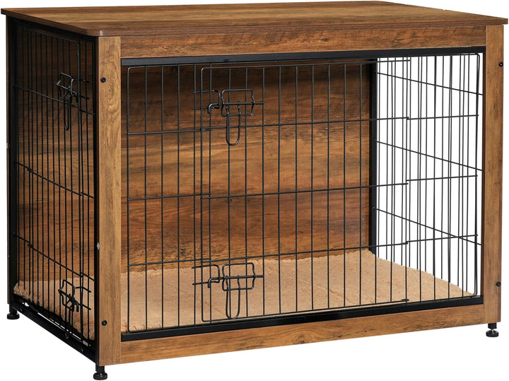 Dog Crate Furniture with Cushion, Wooden Kennel Table with Double Doors, Indoor Dog House, Small/Medium/Large/Extra Large Size, 27.2" L, Rustic Brown