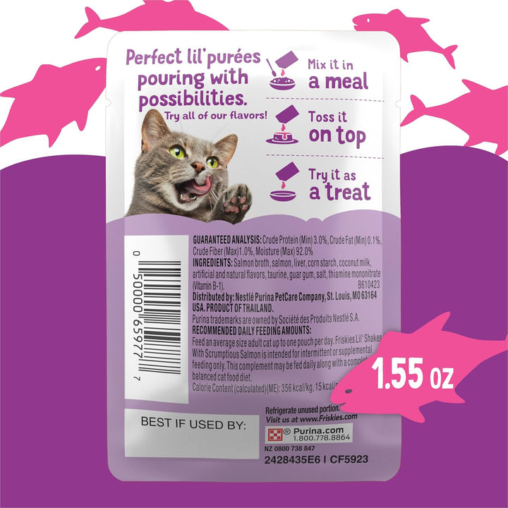 Purina  Pureed Cat Food Topper, Lil’ Shakes with Scrumptious Salmon Lickable Cat Treats - (Pack of 16) 1.55 Oz. Pouches
