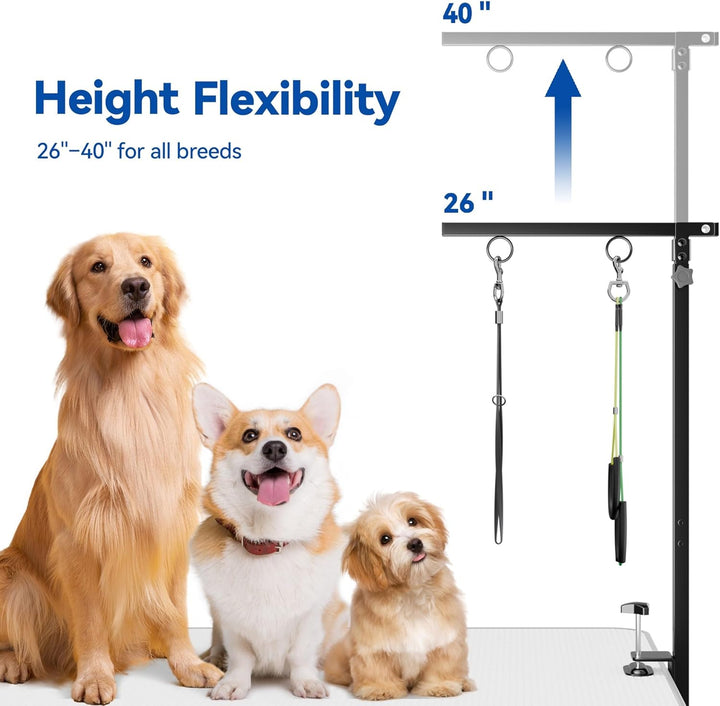 Adjustable Foldable Dog Grooming Arm with Heavy-Duty Clamp: 26" to 40" Height, Includes Safety Hammock & No-Sit Holders – Perfect Grooming Restraint for Small & Medium Dogs at Home or Salons