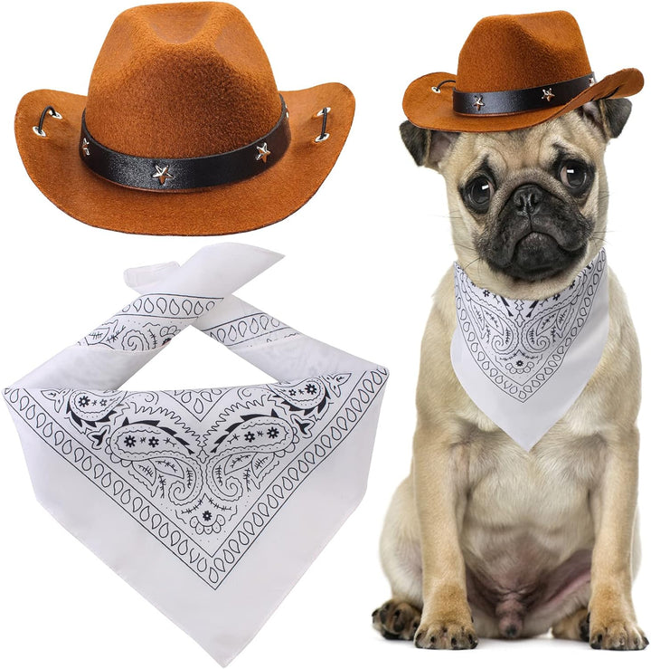 Pet Cowboy Costume Accessories - Dog Cat Pet Size Cowboy Hat and Bandana Scarf West Accessories for Puppy Kitten Party Festival and Daily Wearing Set of 2 (Coffee)