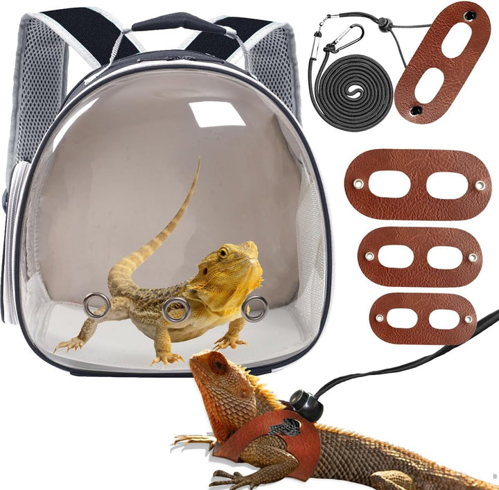Small Animal Travel Backpack Carrier,Portable Bearded Dragon Bag for Sugar Glider,Hedgehog,Rat,Bunny,Rat,Outdoor Used (Black, Carrier L+ I Leash)