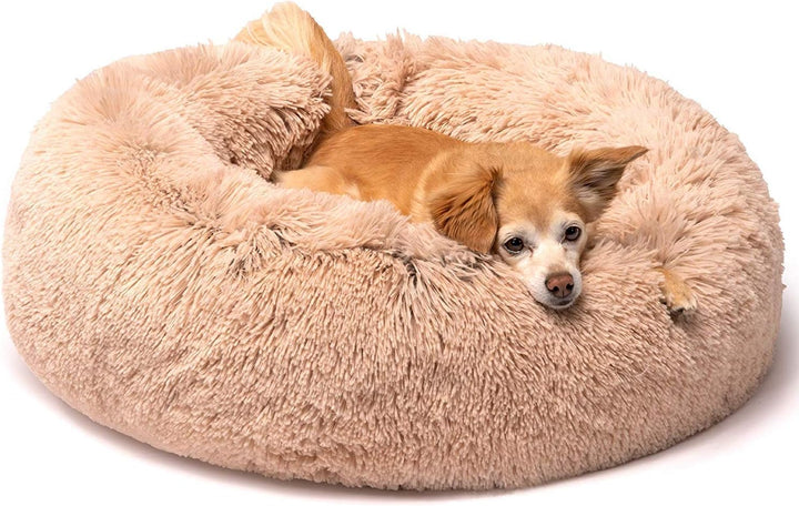 Donut Dog Bed Faux Fur Fluffy Calming Sofa for Medium Dogs, Soft & Plush anti Anxiety Pet Couch for Dogs, Machine Washable Coco Pet Bed with Non-Slip Bottom, 30"X30"X7" Ivory