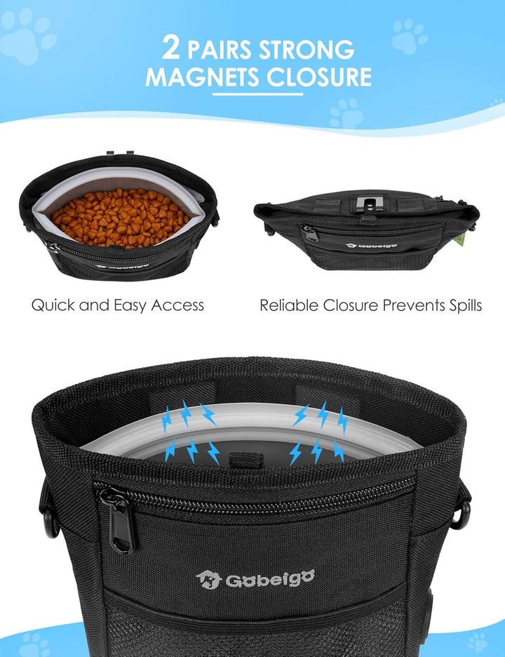 Dog Treat Pouch with Silicone Liner, 【4 Cup】【3 Ways to Wear 】 Treat Bag with Training Clicker, Front Pocket Fits All Phones, Upgrade Stronger Magnetic Closure Walking Fanny Pack (Black)