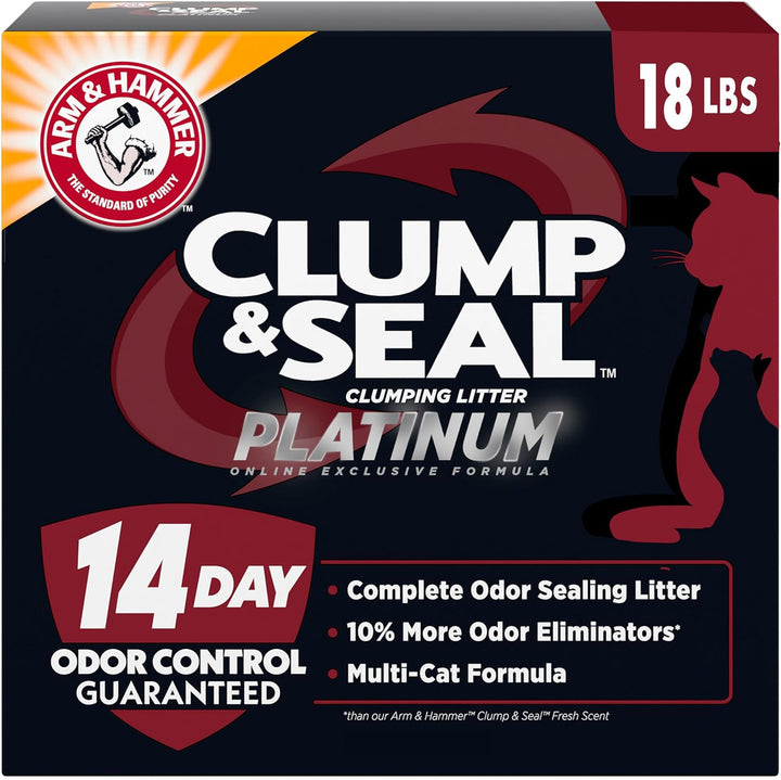 Clump & Seal Platinum Cat Litter, Multi-Cat, 14-Day Odor Control, Rock-Hard Clumps, 37 Lbs – Powerful Odor Eliminator with Baking Soda