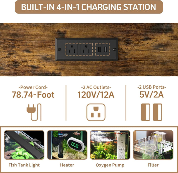 Reinforced 40-50 Gallon Aquarium Stand with Power Outlet | Ultra-Stable 750LBS Capacity Metal Fish Tank Stand for Reptile/Aquatic Setups, 5-Tier Adjustable 37"X19" Steel Shelving System