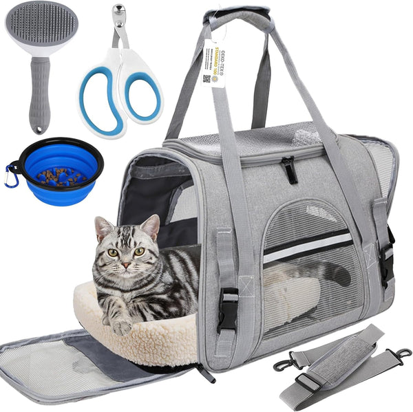 Pet Carrier Bag Airline Approved up for Cats and Dogs up to 20Lbs, Soft Cat Carrier Dog Carrier Travel Kitten Carrier with Mat, Nail Clipper, Brush, Foldable Bowl Cat Accessories