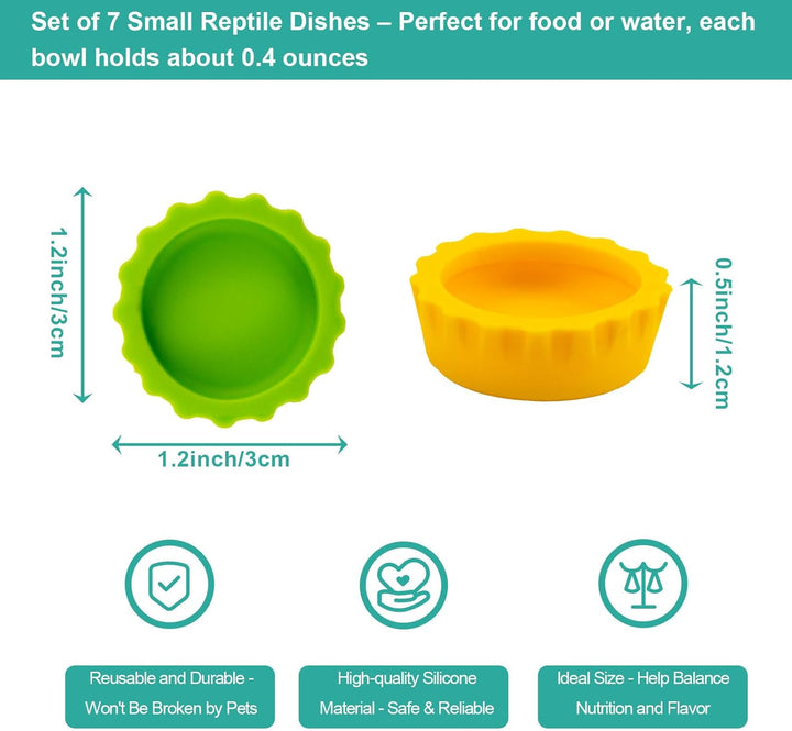 7 Pack Crested Gecko Food and Water Bowl,  Reusable Small Reptile Feeding Dish, Gecko Tank Accessories for Hermit Crab, Tarantula, Isopods and Lizard, Silicone Easy Clean & 7 Colors