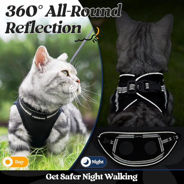 Cat Harness and Leash Set for Walking Escape Proof, Adjustable Soft Kittens Vest with Reflective Strip for Cats, Comfortable Outdoor Vest, Black, S