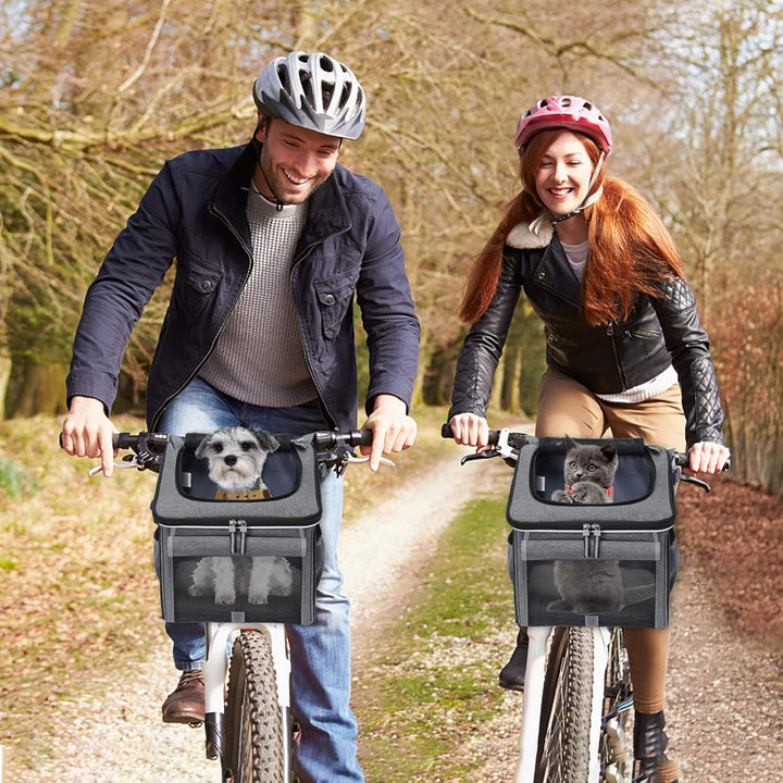 Dog Bike Basket, Soft-Sided Dog Bike Carrier with 4 Mesh Windows for Small Dog Cat Puppies - Grey