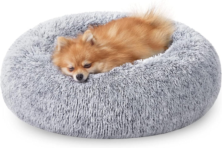 Small Dog & Cat Beds for Indoor Cats, Donut Cuddler Warming Soft Dog Beds with Anti-Slip Bottom, round Calming Fluffy Plush Faux Fur Cushion Bed for Small Medium Dogs (20", Smoke Grey)