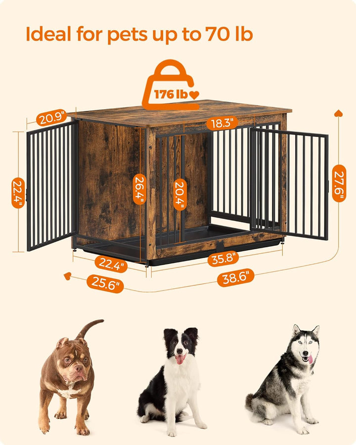 Dog Crate Furniture, 38 Inches Dog Kennel for Dogs up to 70 Lb, with Removable Tray, Heavy-Duty Dog Cage End Table, Double Doors Dog House, Rustic Brown UPFC013X01