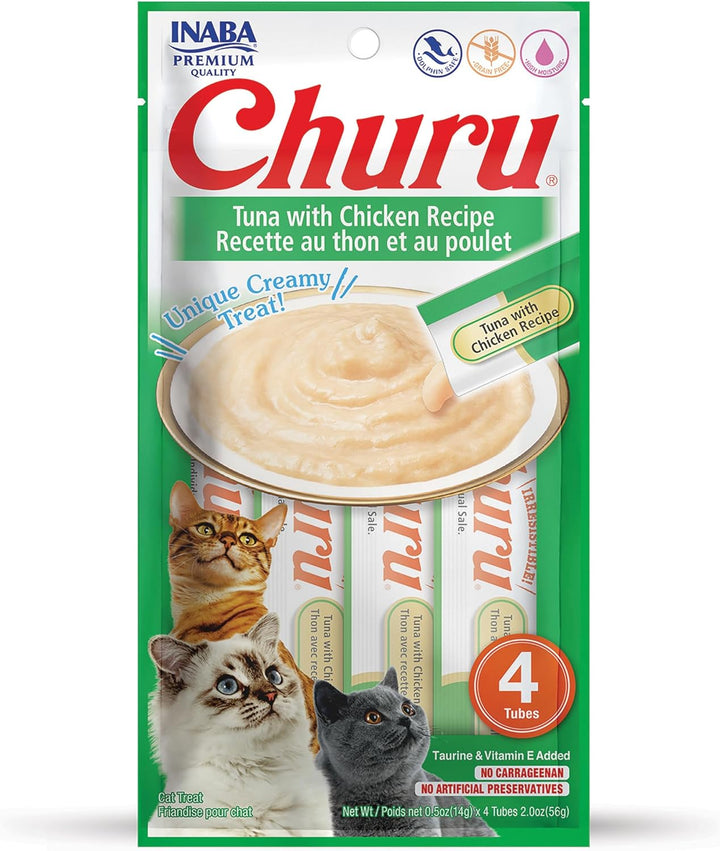 Churu Cat Treats, Grain-Free, Lickable, Squeezable Creamy Purée Cat Treat/Topper with Vitamin E & Taurine, 0.5 Ounces Each Tube, 4 Tubes, Tuna with Salmon Recipe