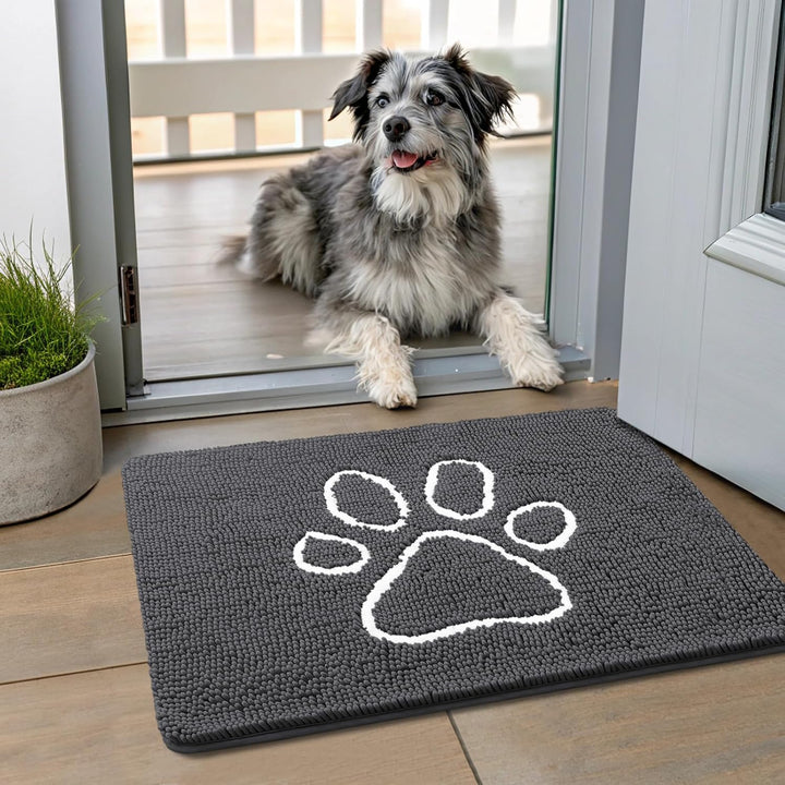 Dog Door Mat for Muddy Paws, Absorbent Dirt Trapper Non Slip Quick Dry Washable Chenille Mat for Mud Dogs, Entry Rug for Indoor and Outdoor (30X20 Inches, Grey)