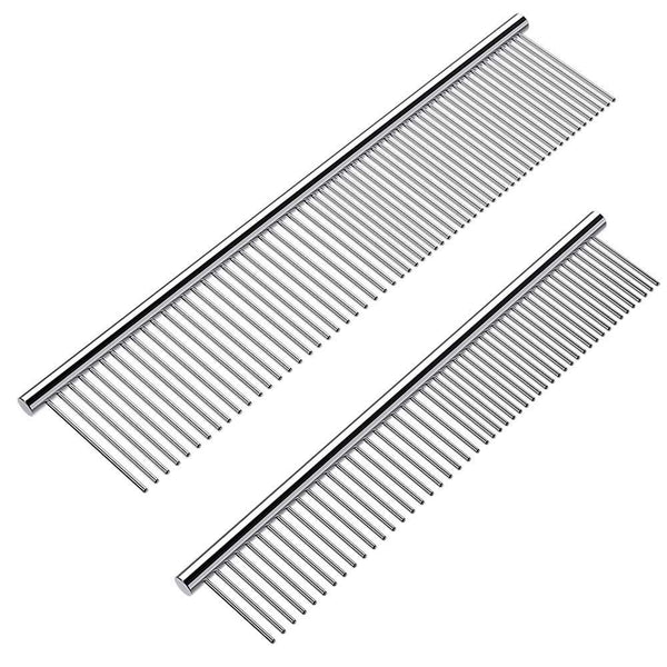 2 Pack Dog Combs with Rounded Ends Stainless Steel Teeth, Cat Comb for Removing Tangles and Knots, Professional Grooming Tool for Long and Short Haired Dog, Cat and Other Pets, 6.3IN/7.4IN