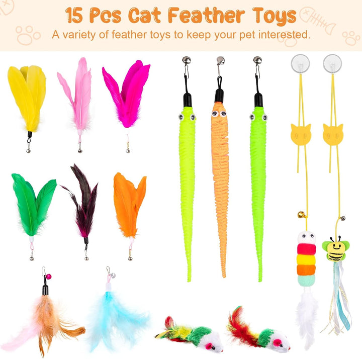 Cat Wand Toy, 15 Pcs Interactive Cat Feather Toys for Indoor Self Play & Exercise, 2 Play Modes Kitten Teaser Wand, Reusable Suction Cup Kitten Toys