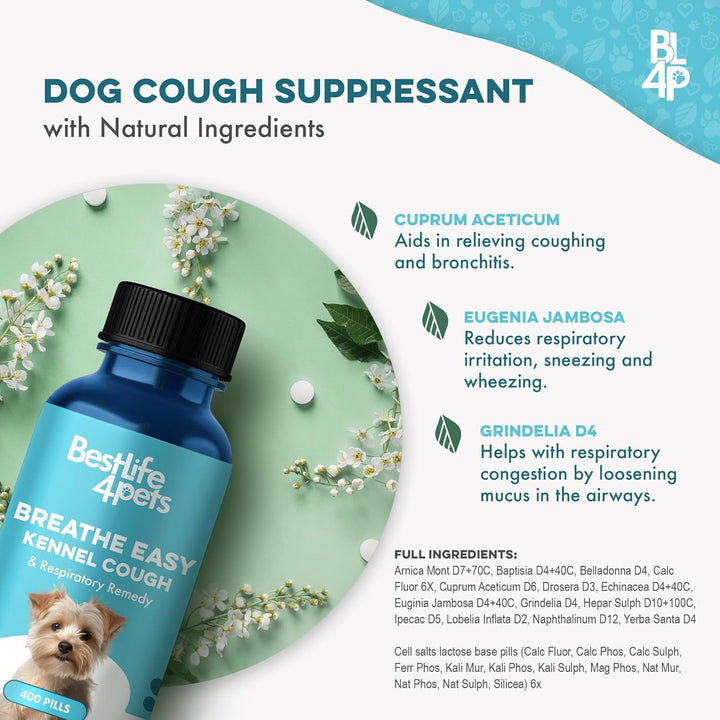 Dog Kennel Cough Treatment & Natural Decongestant, Breathe Easy Cough Treatment for Wheezing, Sneezing, and Nasal Congestion, Supports Respiratory Health and Eases Cold Symptoms, 800 Small Pills
