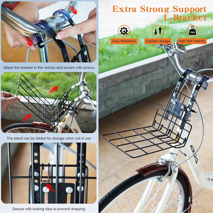 Dog Basket for Bike, Suitable for Small & Medium Pet up to 7 Kg, Foldable 4-In-1 Pet Bike Basket, Crossbody, Shoulder and Car Seat, with Sturdy Bracket and 4 Mesh Windows, Gray