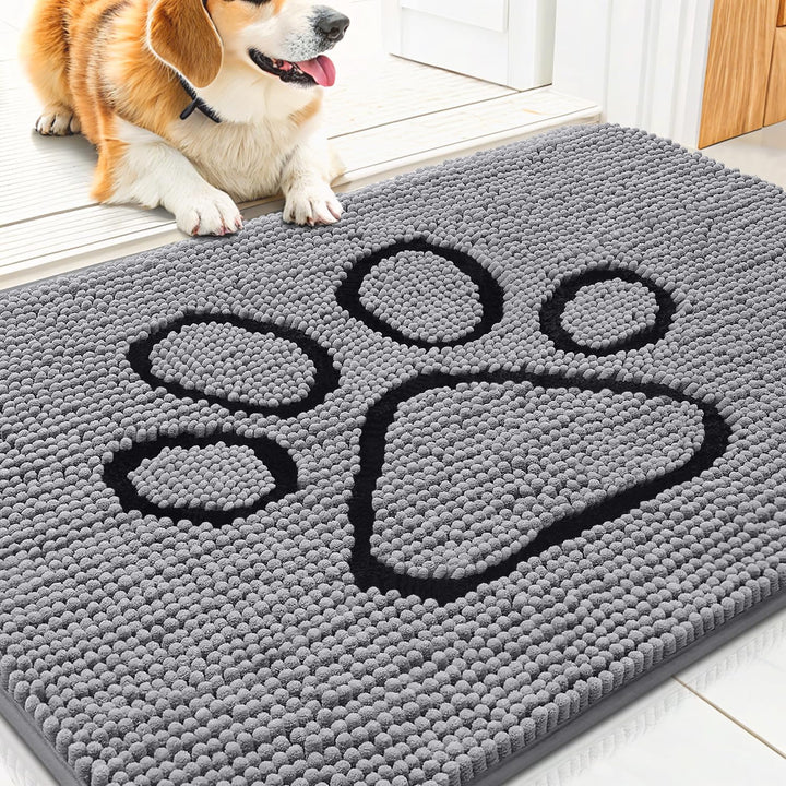 Dog Door Mat for Muddy Paws, Absorbent Dirt Trapper Non Slip Quick Dry Washable Chenille Mat for Mud Dogs, Entry Rug for Indoor and Outdoor (30X20 Inches, Grey)