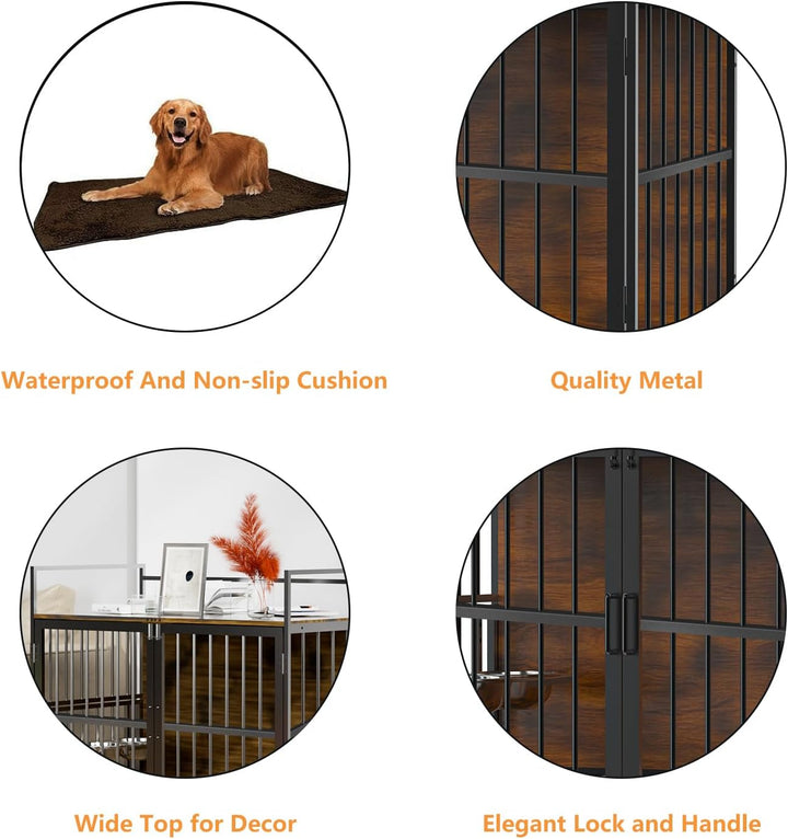 Furniture Style Large Dog Crate with 360° & Adjustable Raised Feeder for Dogs 2 Stainless Steel Bowls -End Table House Pad, Indoor Use,41" L X 24" W 36" H, Classic Brown