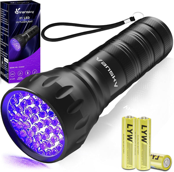 Black Light UV Light Flashlight, 21 LED 395Nm Ultraviolet Blacklight Flashlight Mini Pet Urine Detector for Dog/Cat, Dry Stains, Resin Curing, Matching with Pet Odor Eliminator(Batteries Are Included)
