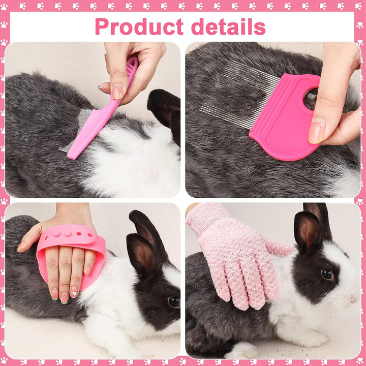 Pink Small Animal Grooming Kit with Nail Clipper, Flea Comb, Shampoo Brush, Slicker Brush, Massage Glove for Rabbits