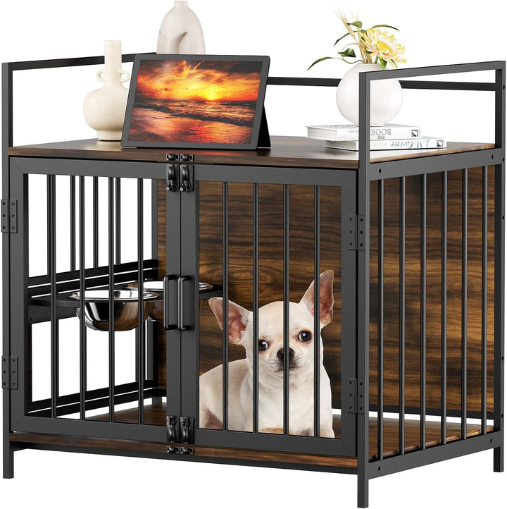Furniture Style Large Dog Crate with 360° & Adjustable Raised Feeder for Dogs 2 Stainless Steel Bowls -End Table House Pad, Indoor Use,41" L X 24" W 36" H, Classic Brown