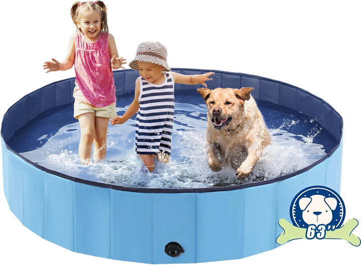 Foldable Dog Pool, Portable Pet Bath Tub and Kiddie Swimming Pool, Collapsible Bathtub for Puppies, Small, Medium and Large Dogs, Cats and Kids, 32 X 8 In, Blue