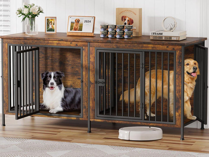 Dog Crate Furniture for 1 or 2 Dogs, Heavy Duty Single/Double Dog Crates for Small/Medium/Large Dogs, Dog Kennel Furniture Indoor as TV Stand, Large Size 78.74" L(35-60 Pounds), Brown