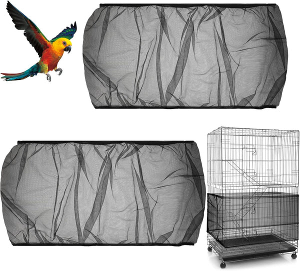 2Pcs Universal Bird Cage Seed Catcher, Adjustable Bird Cage Netting Seed Catcher, Large Stretchy Bird Cage Cover Skirt, Soft Airy Cage Net Stretchy Skirt for round Square Cages (Black)